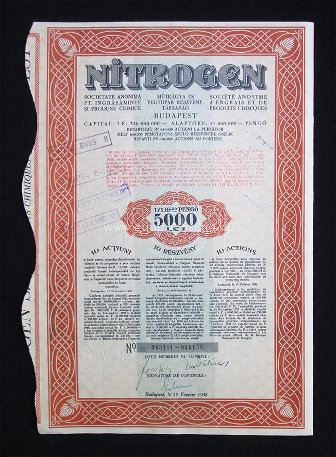 Nitrogen Mtrgya s Vegyiipar rszvny 5000 lei 1938